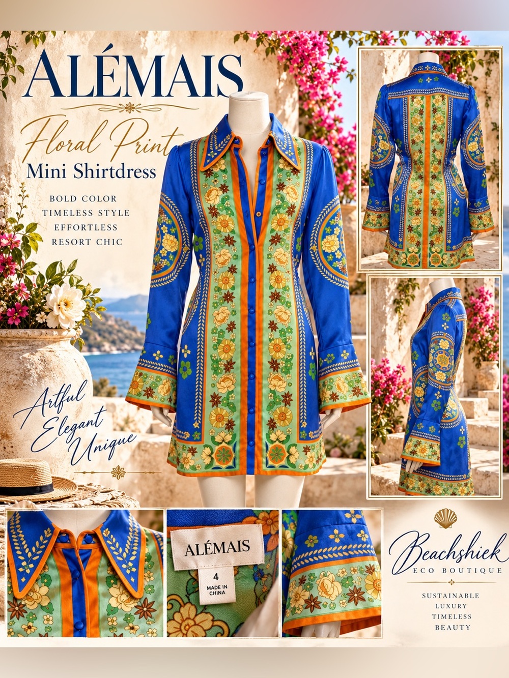 NWT ALÉMAIS Floral Print Mini Shirtdress Blue Resort Luxury US 4